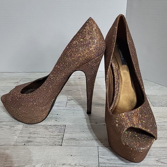 Forever 21 Burnished‎ Gold Glitter Platform Heels Size 7 Open Toe 5.5" Heel - Picture 5 of 13